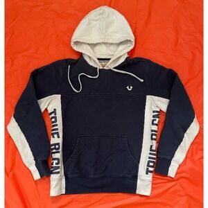 True Religion Hoodie Pull Over Long Sleeve Sweatshirt Mens Small Logo Blue White